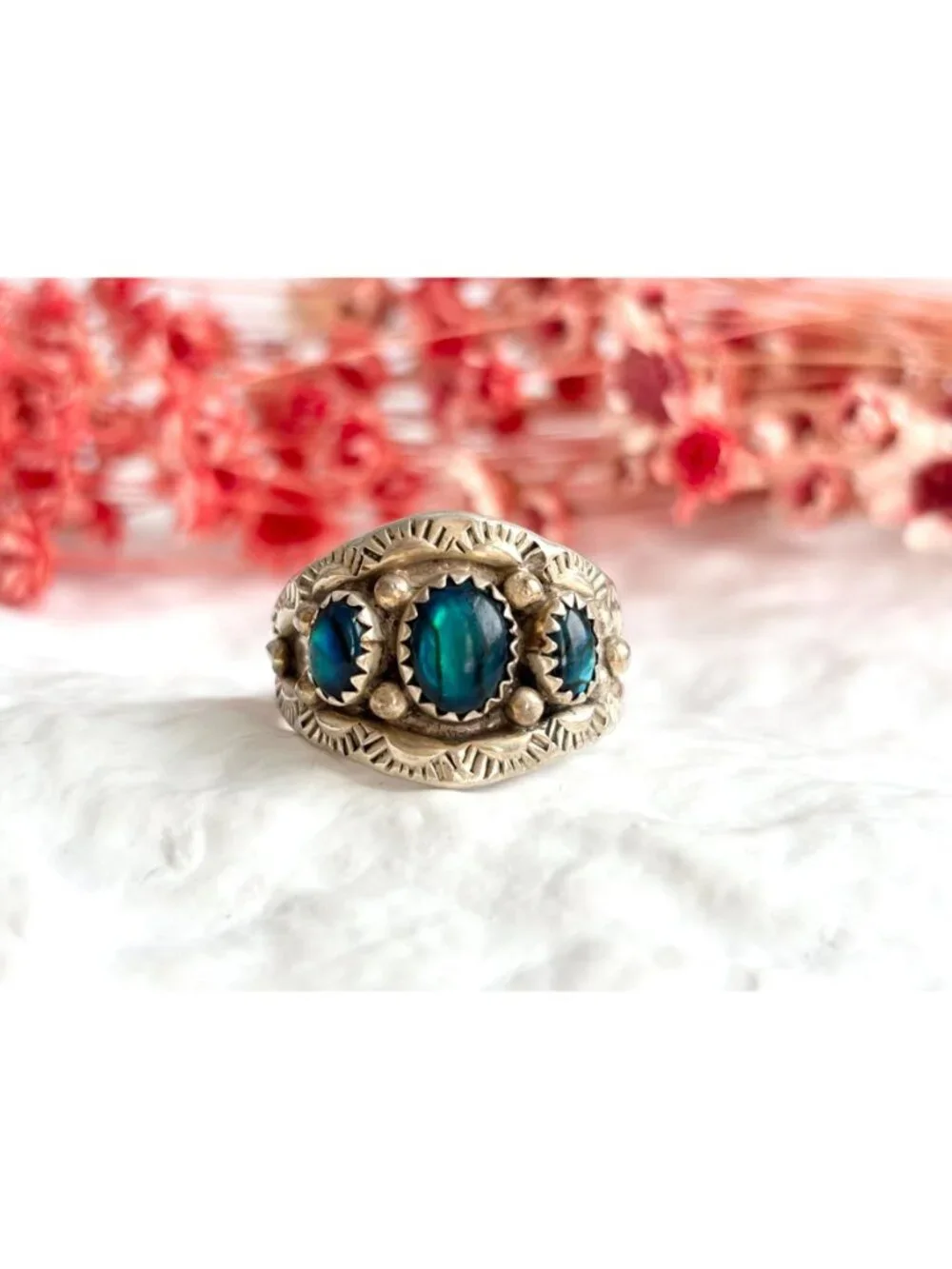 Navajo Blue Abalone Gemstone Southwest Sterling Silver 925 Vintage Ring - sz 10